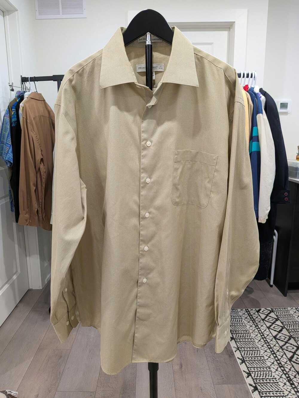 Pronto Uomo Beige Dress Shirt XL | 100% Cotton Non-Iron Micro-Check Menswear